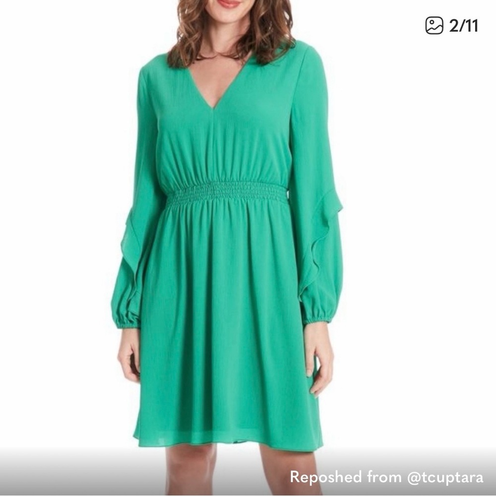#104 London Times NWT V-Neck Gorgeous Long Sleeve Dress with ruffle sleeves.